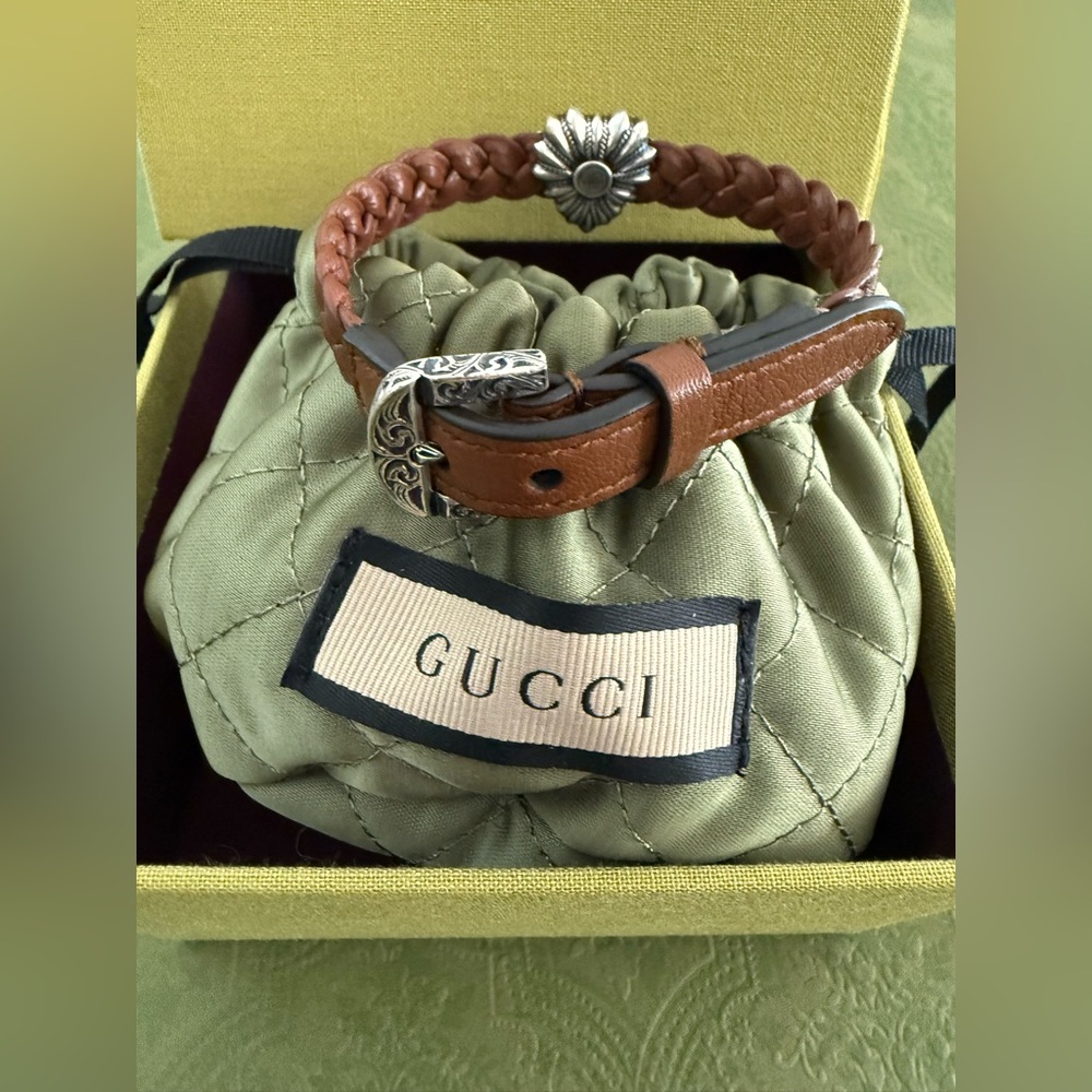New GUCCI Interlocking G Engraved Love Brown Silver Leather Bracelet💝Uni… - Picture 7 of 15